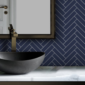 Herringbone Navy Blue Peel and Stick Backsplash Tile