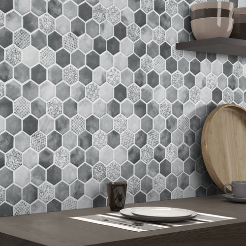 Cement Grey 11.7''x10.2'' Hexagon Recycled Glass Floor And Wall Mosaic