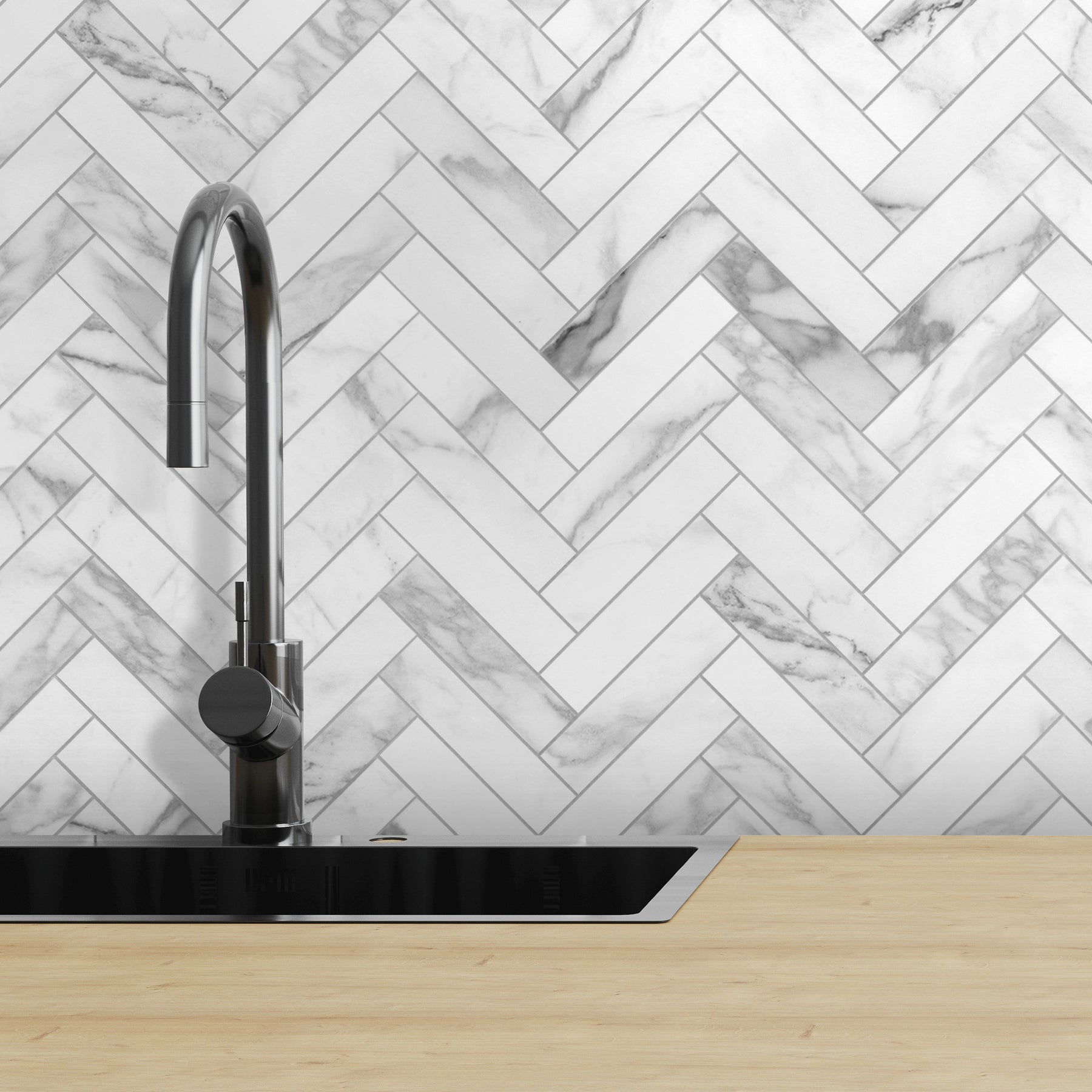 Herringbone Carrara White Peel and Stick Backsplash Tile