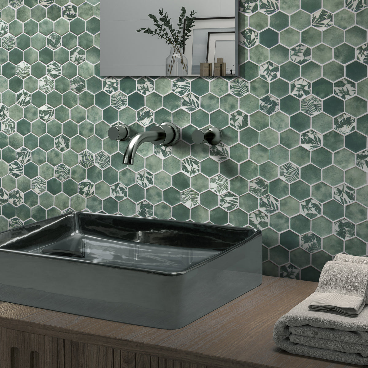 Cement Green 11.7''x10.2'' Hexagon Recycled Glass Floor And Wall Mosaic Tile