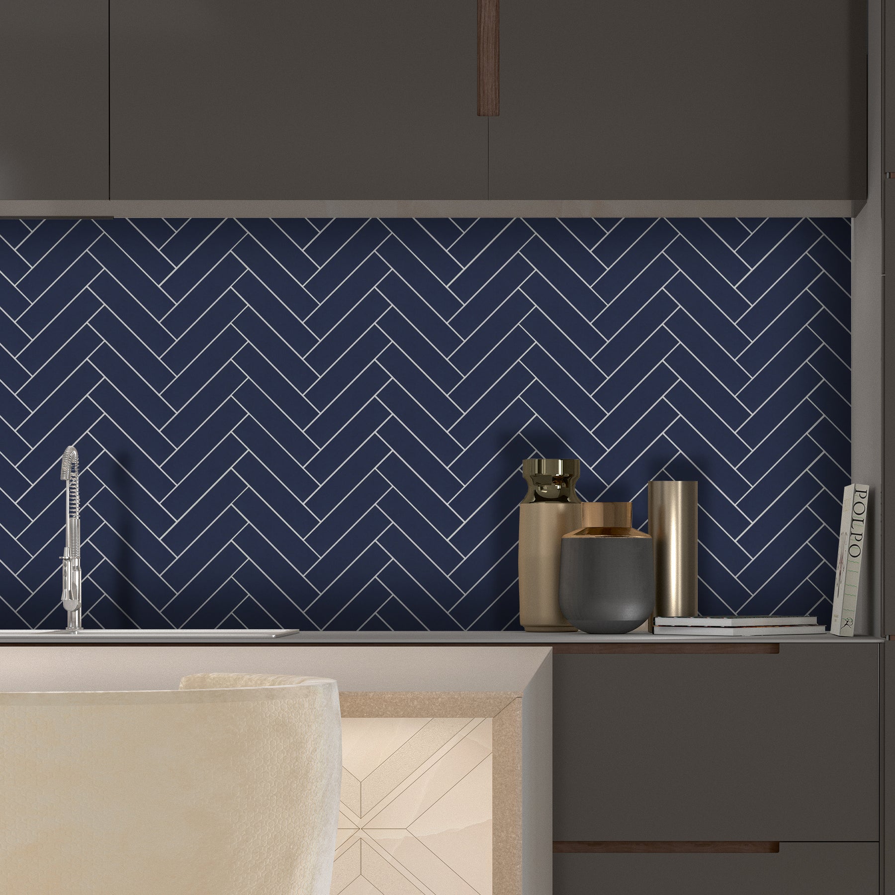 Herringbone Navy Blue Peel and Stick Backsplash Tile