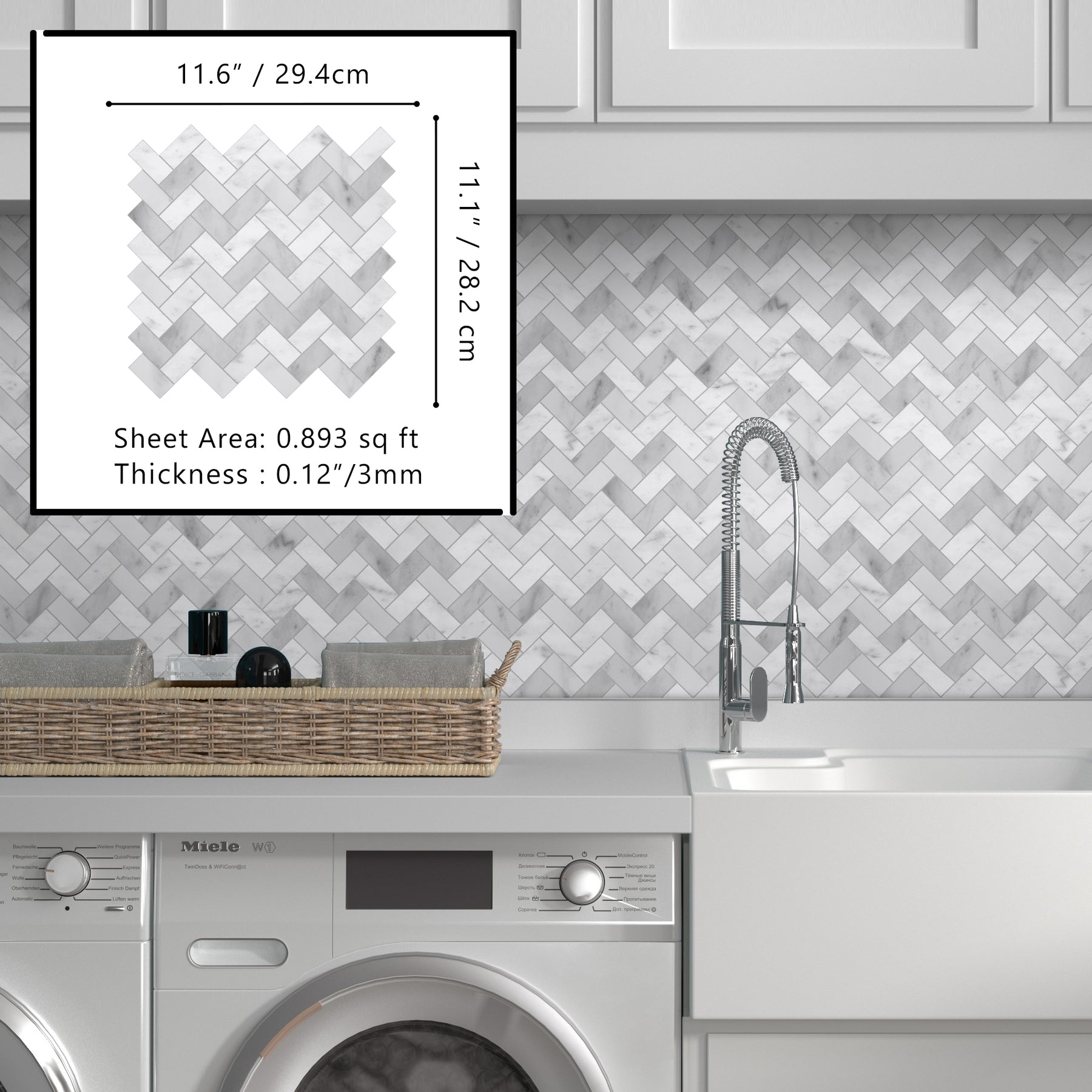 11.6" x 11.1" Carrara White Herringbone Peel and Stick backsplash