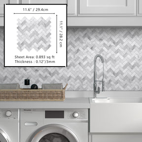 11.6" x 11.1" Carrara White Herringbone Peel and Stick backsplash