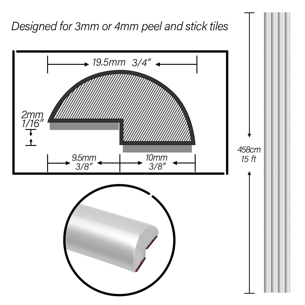 15 Feet PVC Peel and Stick Backplash Trim, Silver Matte