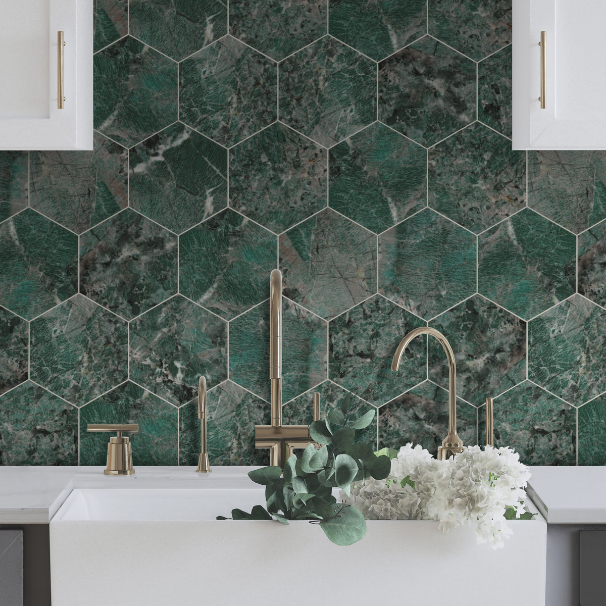 6X7'' Amazonita Green Hexagon Marble Peel and Stick Tile