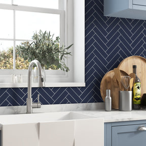 Herringbone Navy Blue Peel and Stick Backsplash Tile