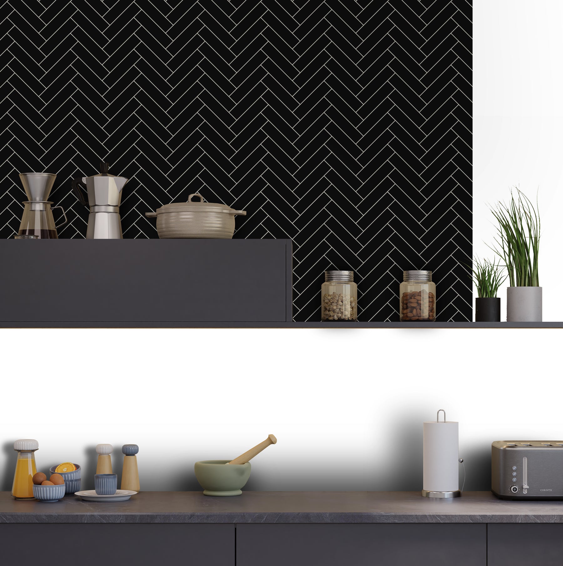 Herringbone Black Peel and Stick Backsplash Tile