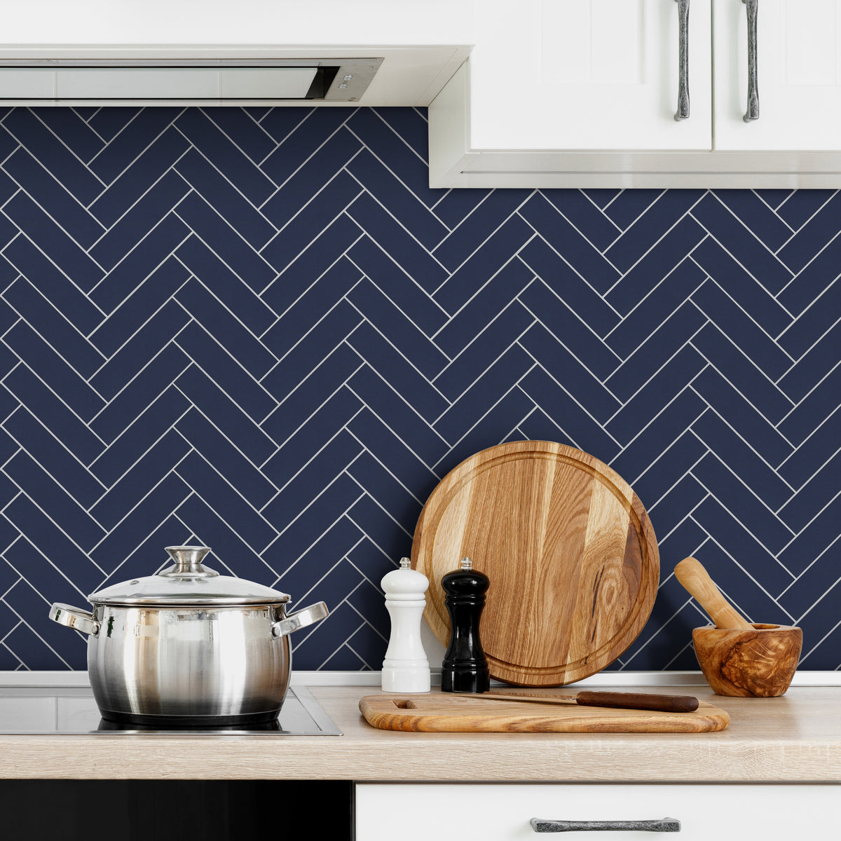 Herringbone Navy Blue Peel and Stick Backsplash Tile