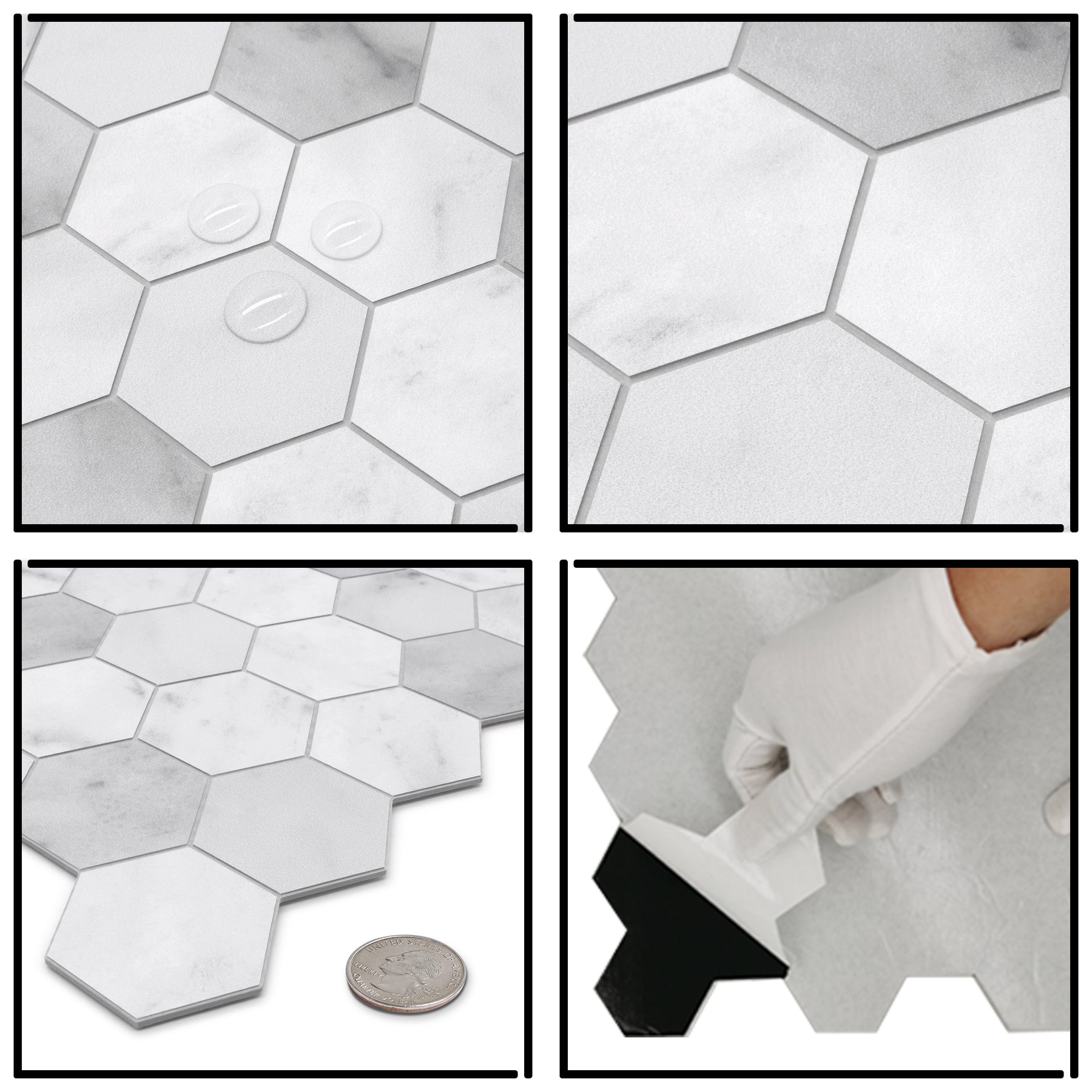 11.3" x 11.4" Hexagon White Marble Peel And Stick