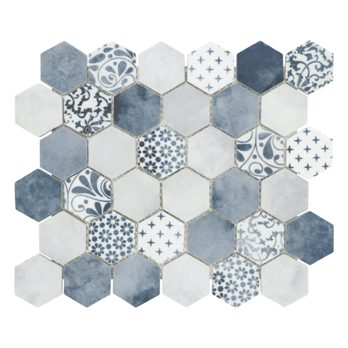 Cement Blue 11.7‘’x10.2'' Recycled Glass Hexagon Floor And Wall Mosaic Tile