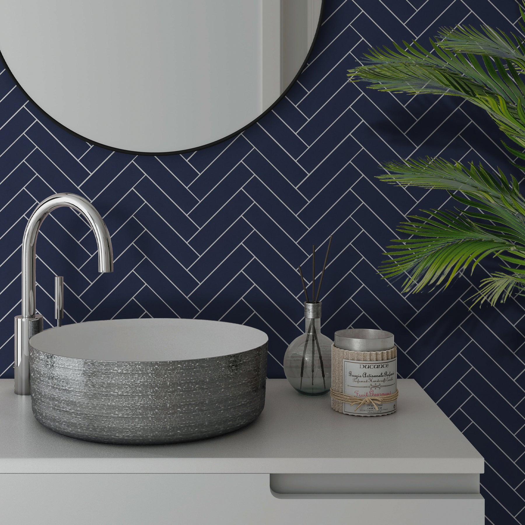 Herringbone Navy Blue Peel and Stick Backsplash Tile