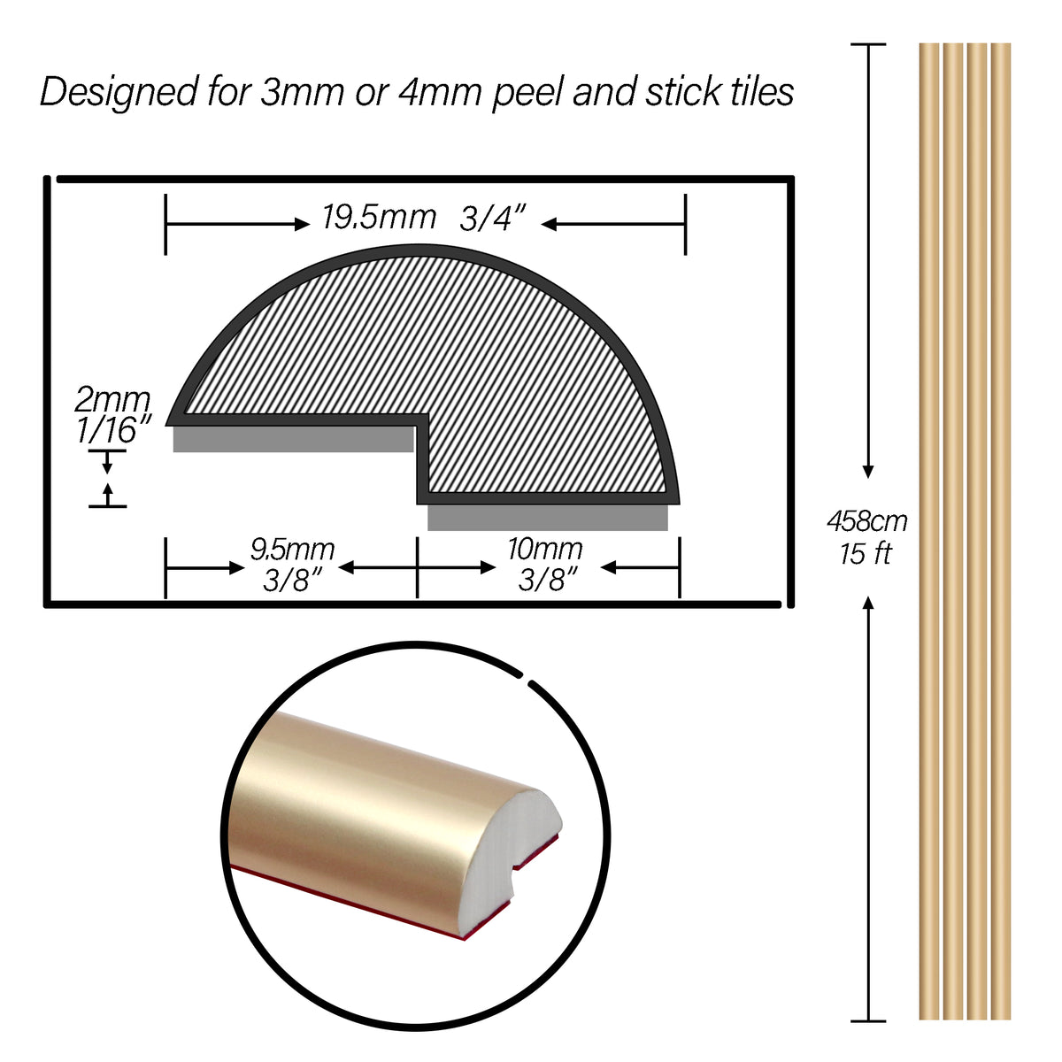 15 Feet PVC Peel and Stick Backplash Trim, Shiny Gold