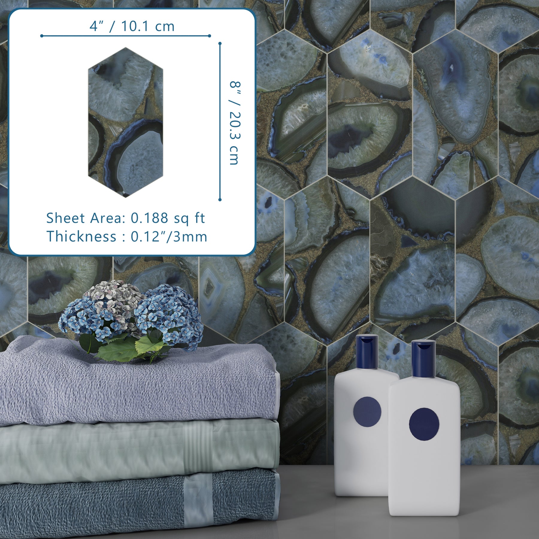 Agate Blue Long Hexagon Peel And Stick Backsplash Tile