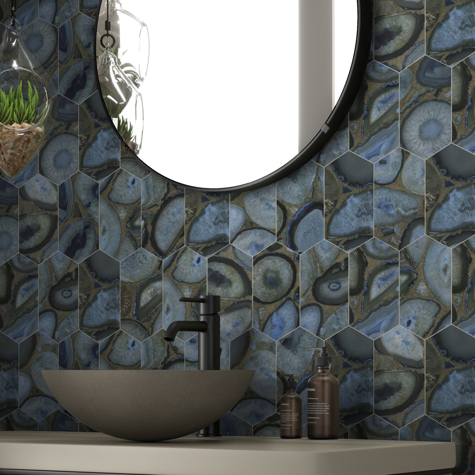 Agate Blue Long Hexagon Peel And Stick Backsplash Tile