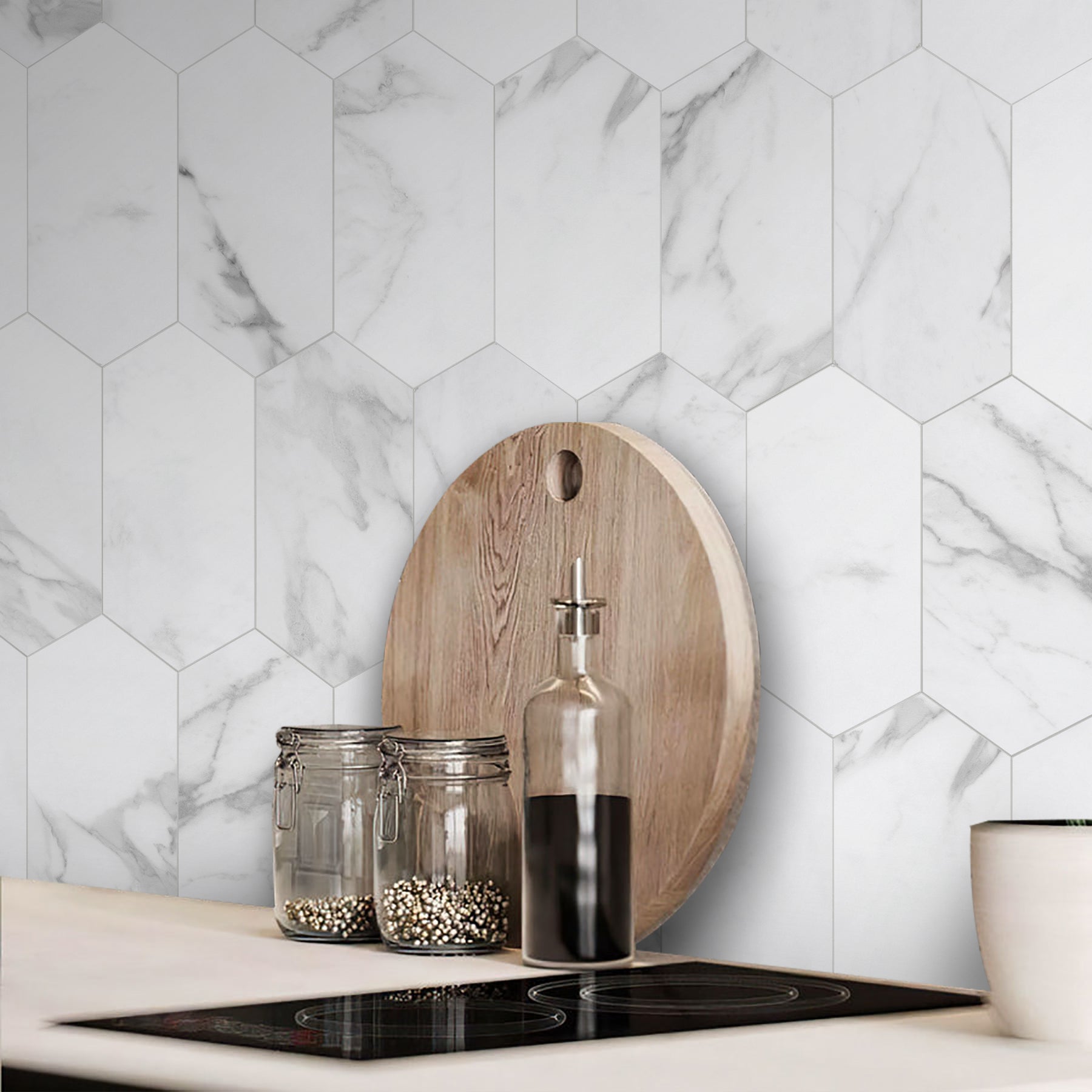 Carrara White Long Hexagon Peel And Stick Backsplash Tile