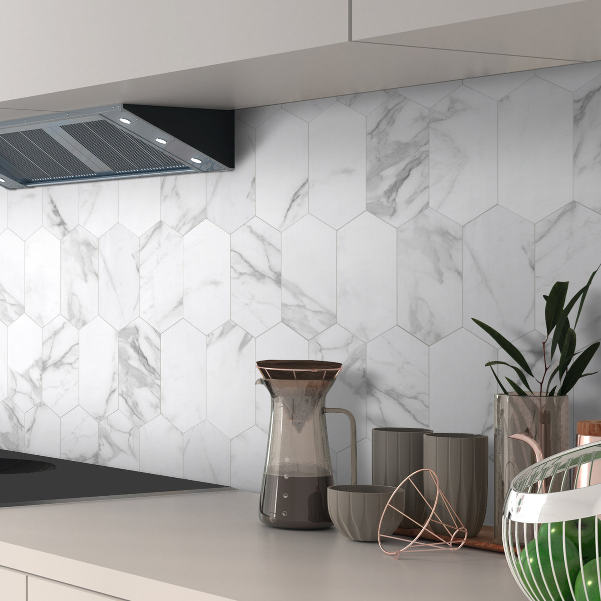 Carrara White Long Hexagon Peel And Stick Backsplash Tile