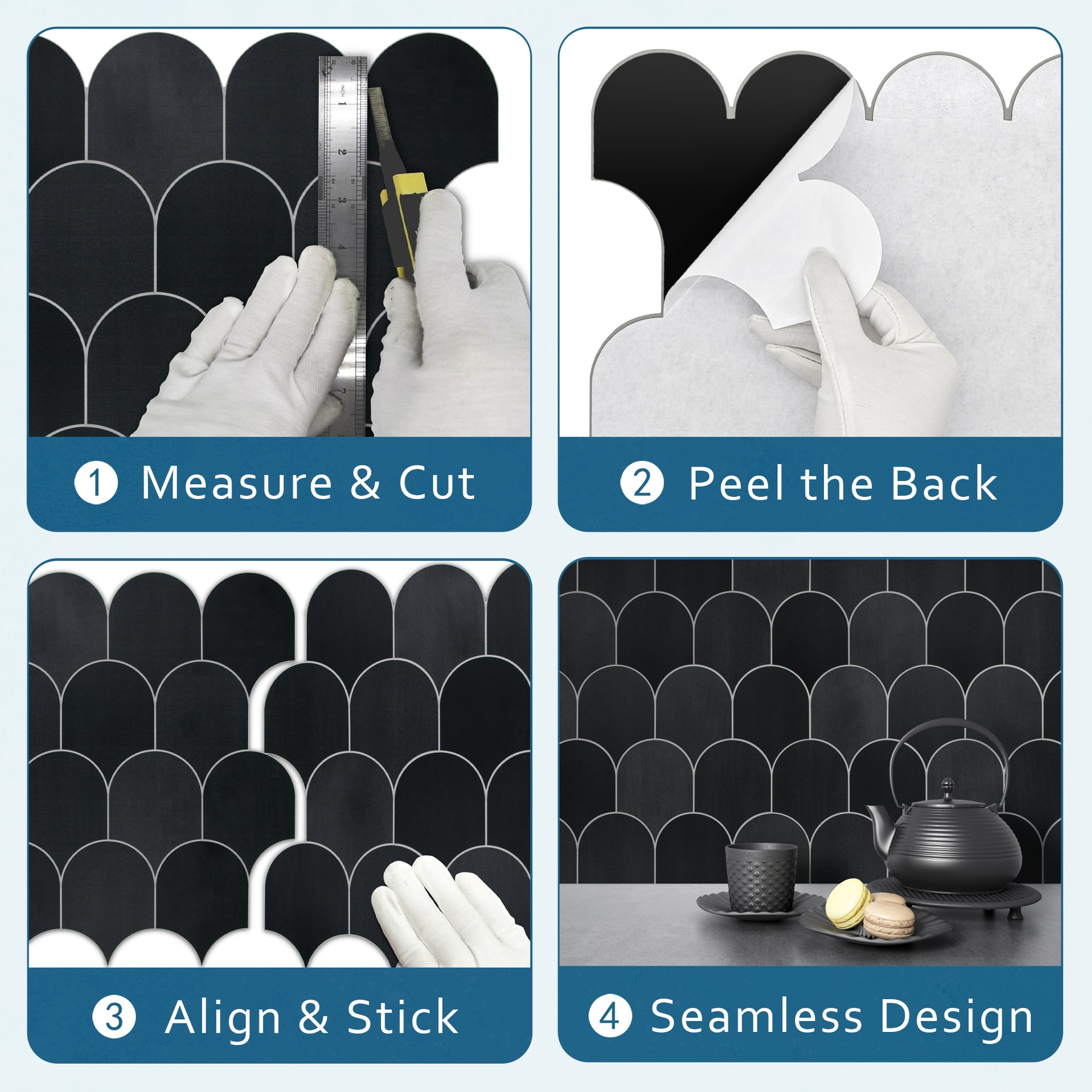 Black Fish Scale Peel and Stick Backsplash Tile