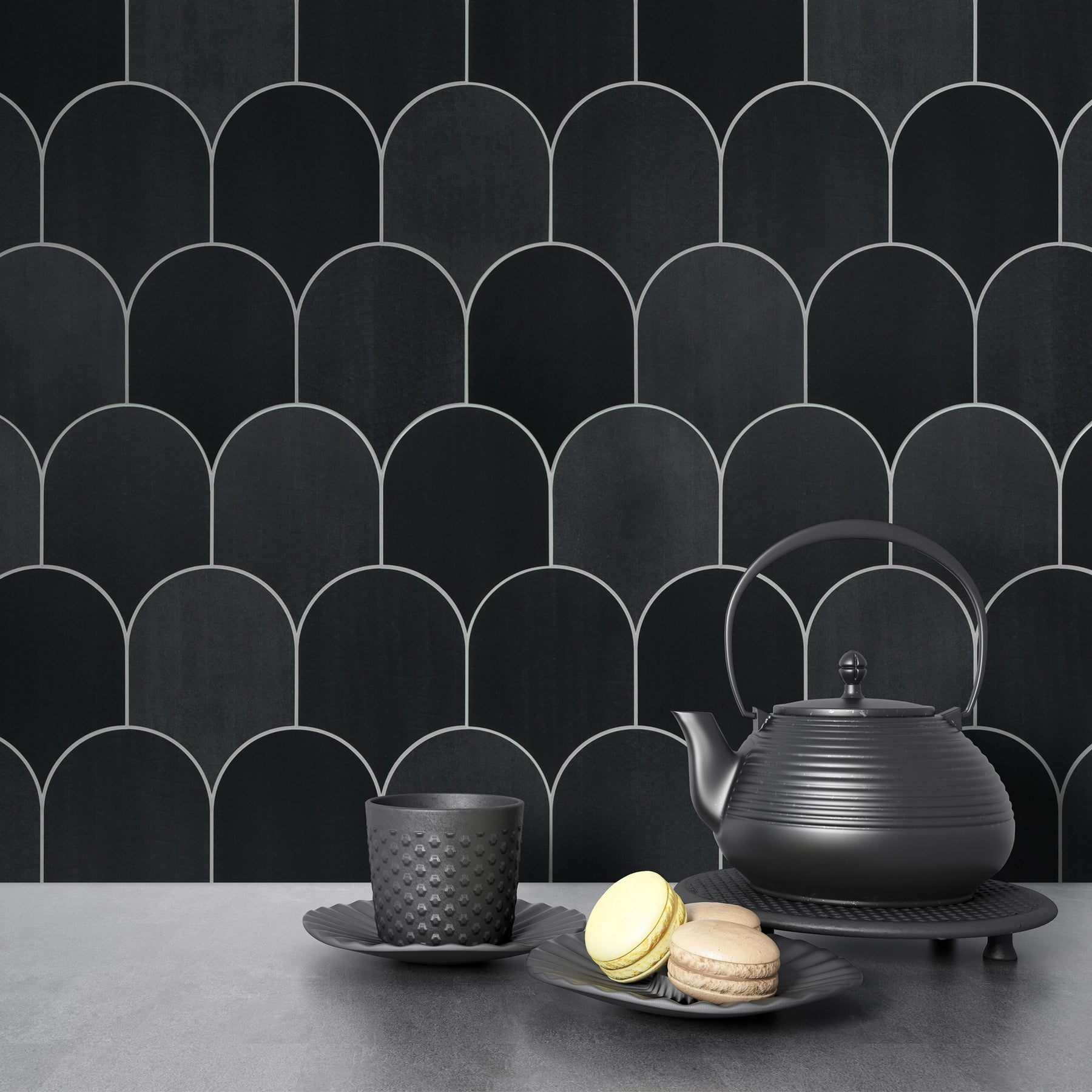 Black Fish Scale Peel and Stick Backsplash Tile