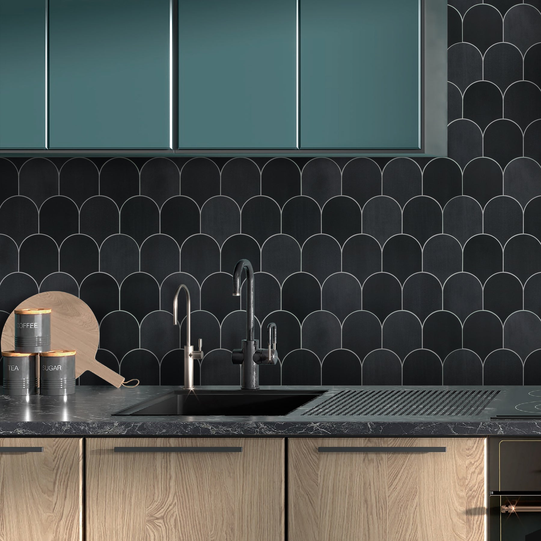 Black Fish Scale Peel and Stick Backsplash Tile