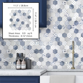 2'' Hexagon Blue Peel and Stick Backsplash Wall Tile