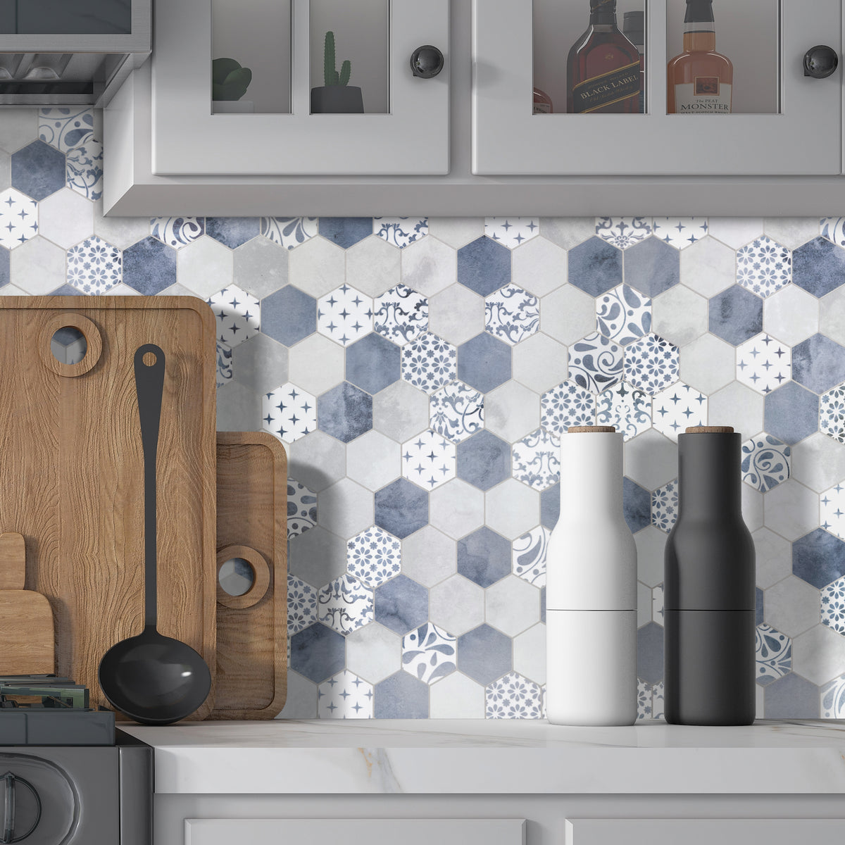 2'' Hexagon Blue Peel and Stick Backsplash Wall Tile