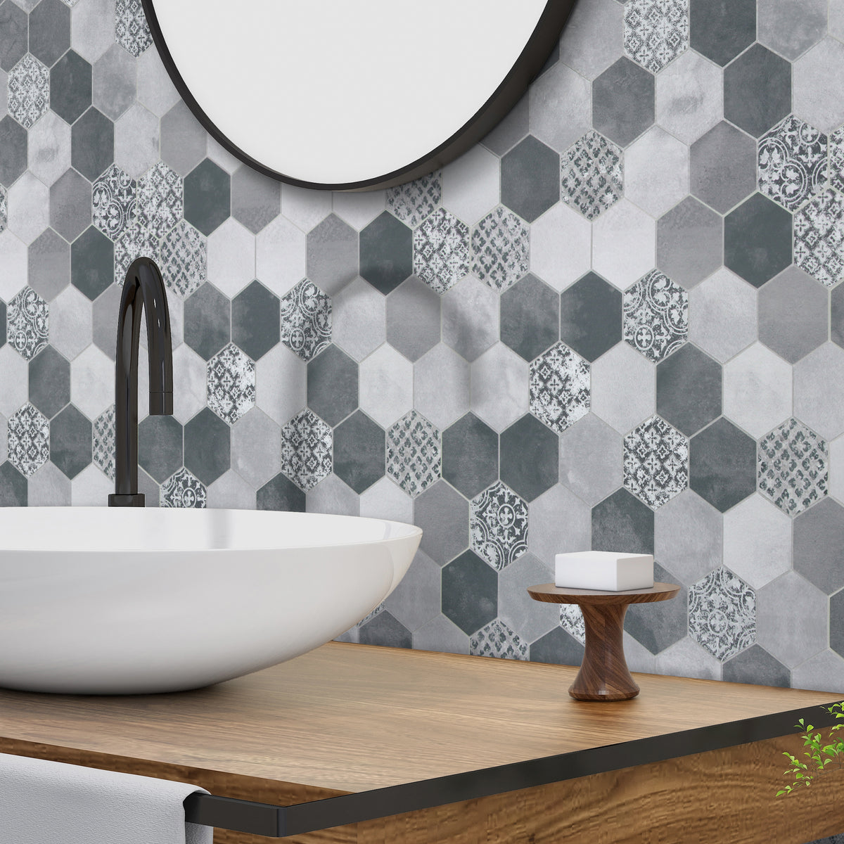 2'' Hexagon Gray Peel and Stick Backsplash Wall Tile