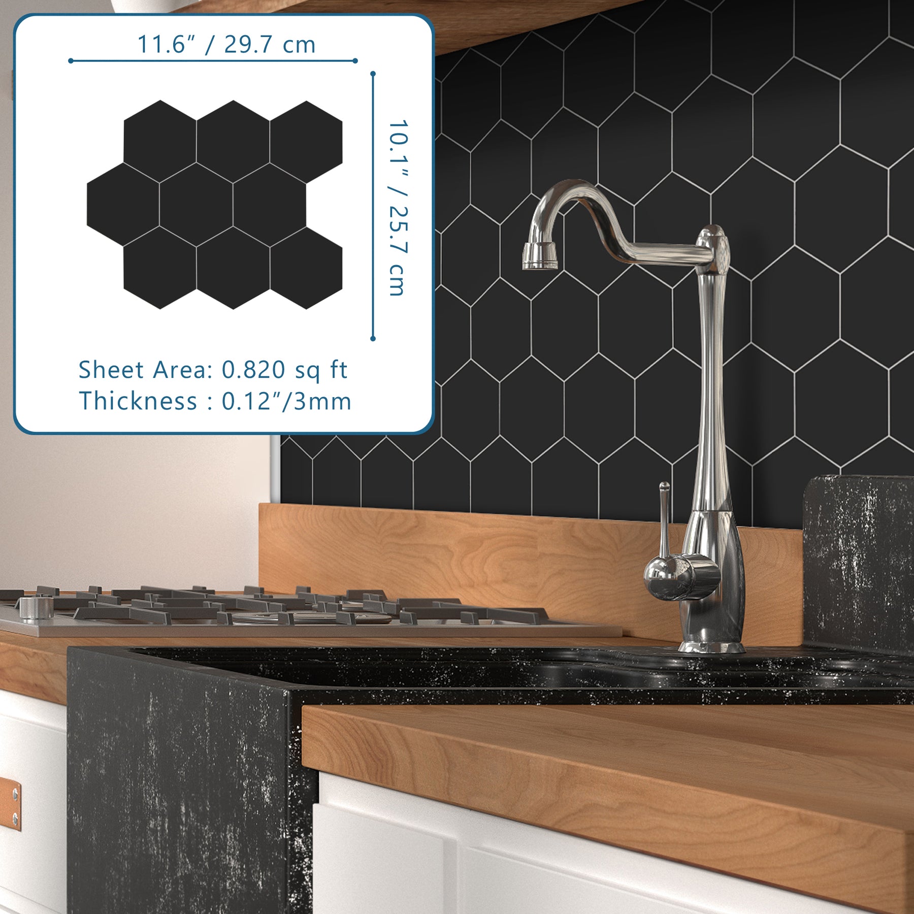 Big Hexagon Black Peel And Stick Backsplash Tile