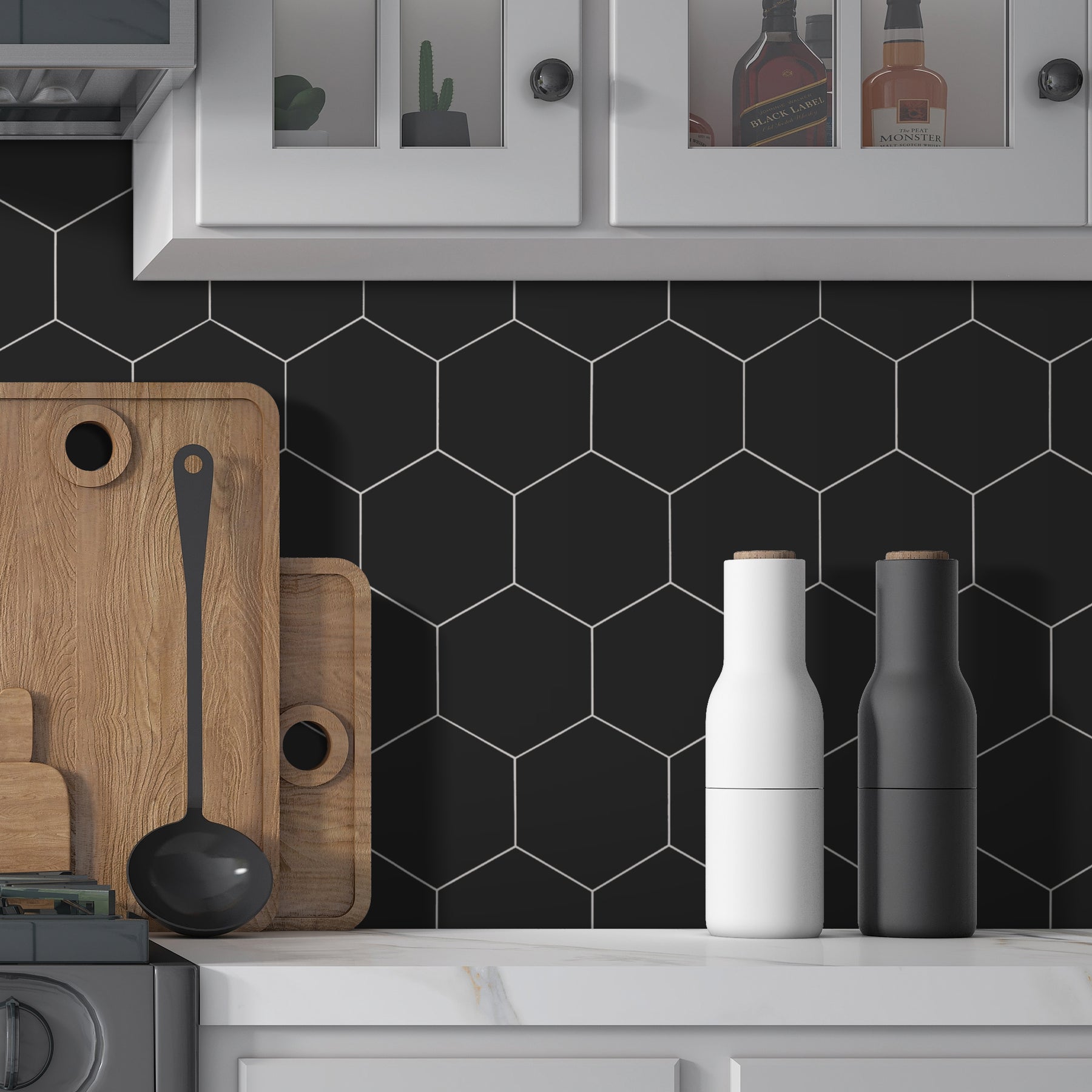 Big Hexagon Black Peel And Stick Backsplash Tile