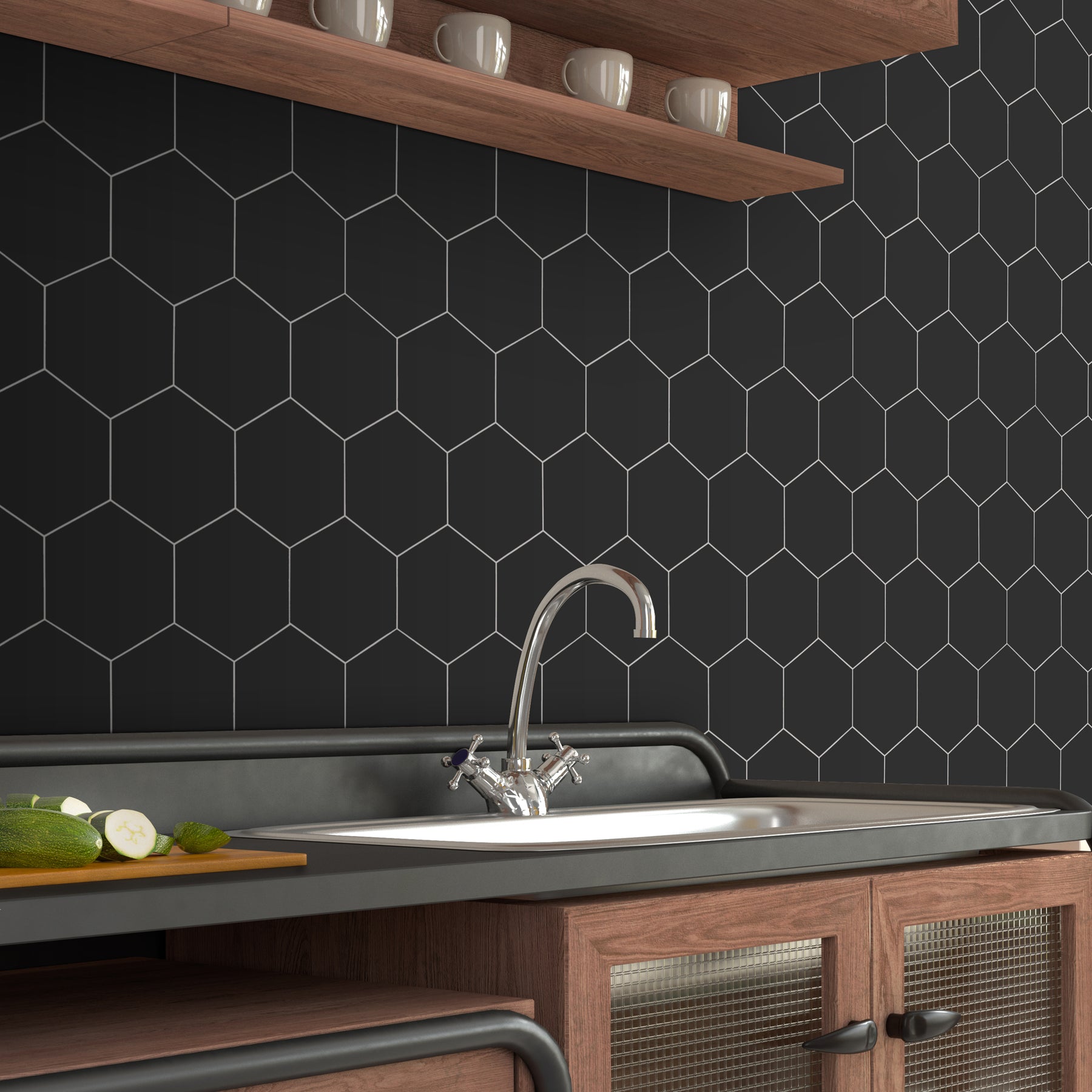 Big Hexagon Black Peel And Stick Backsplash Tile