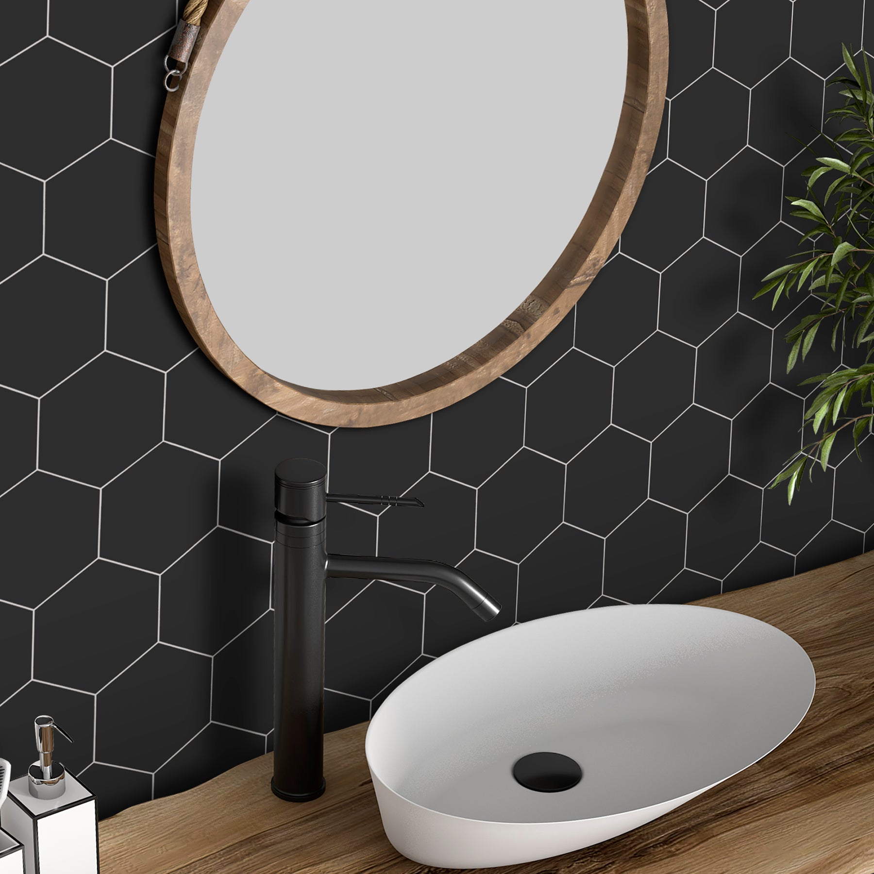 Big Hexagon Black Peel And Stick Backsplash Tile