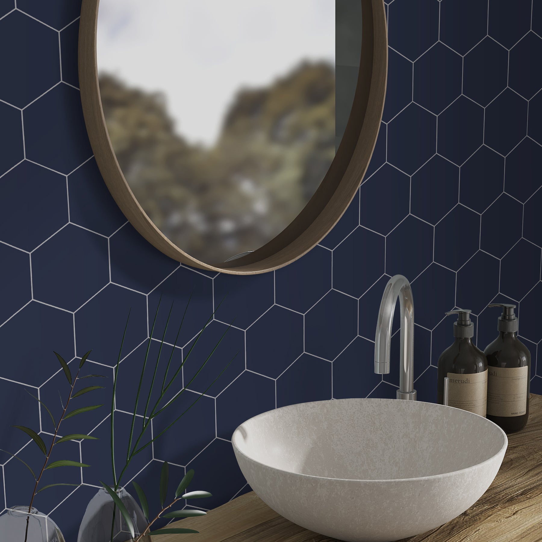 Big Hexagon Navy Blue Peel And Stick Backsplash Tile