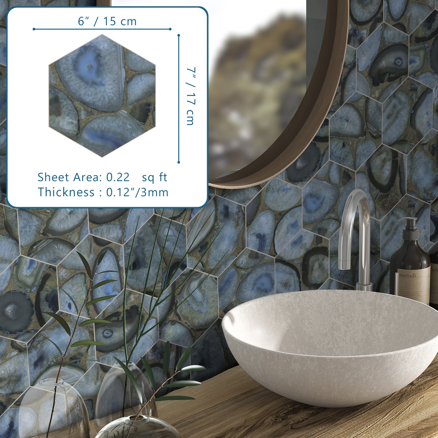 6X7'' Agata Blue Hexagon Marble PEEL AND STICK TILE