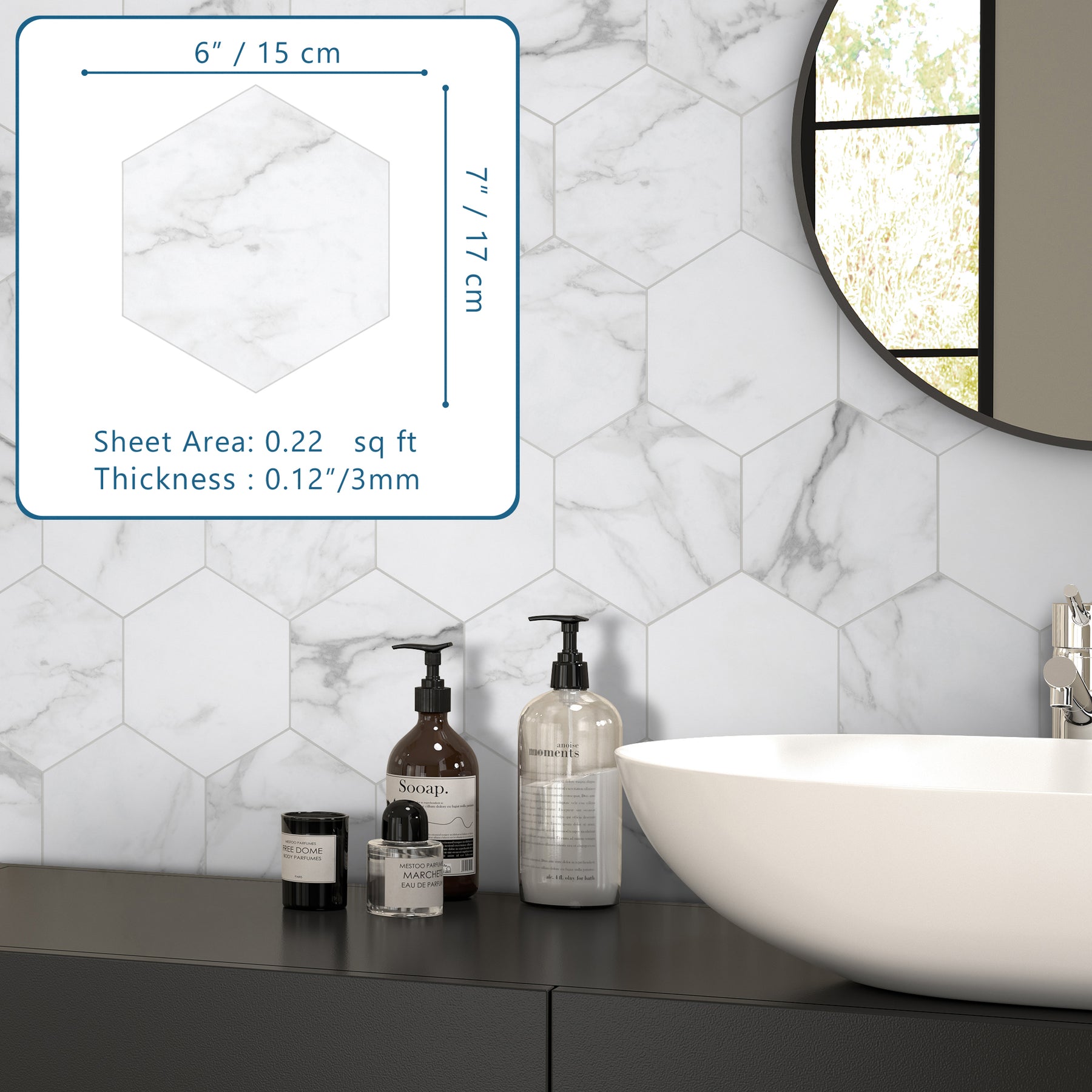 6X7'' Calacatta White Hexagon Marble Peel and Stick Tile