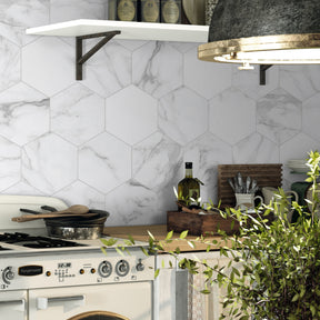 6X7'' Calacatta White Hexagon Marble Peel and Stick Tile