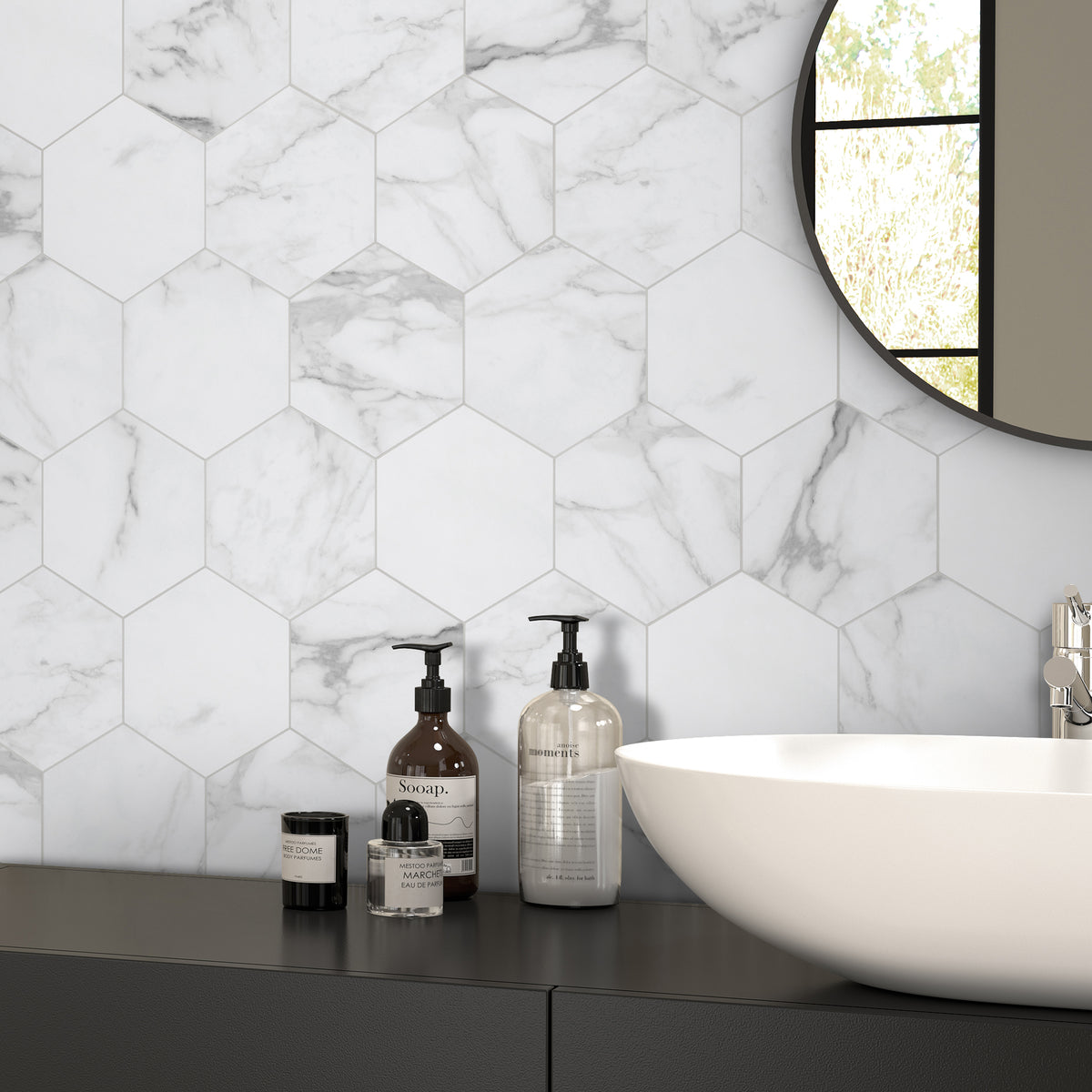 6X7'' Calacatta White Hexagon Marble Peel and Stick Tile