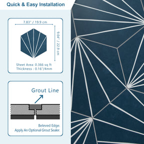 8" x 9" Art Deco Hexagon Blue Peel and Stick Floor Tile