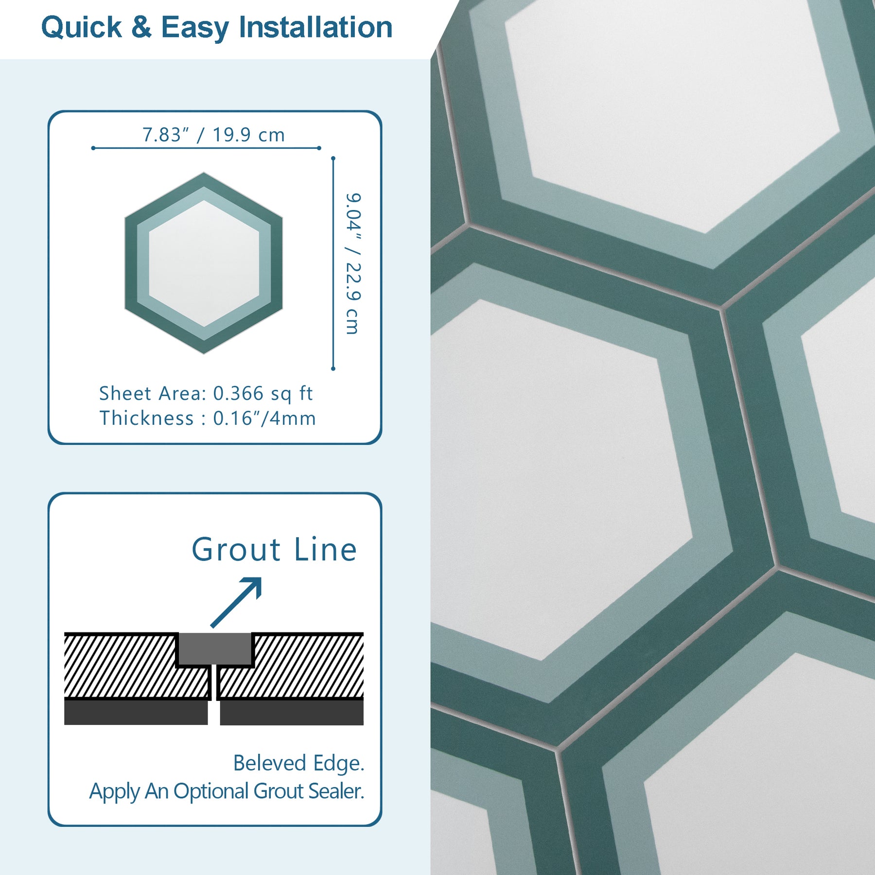 8" x 9" Hexagon Green Peel and Stick Floor Tile