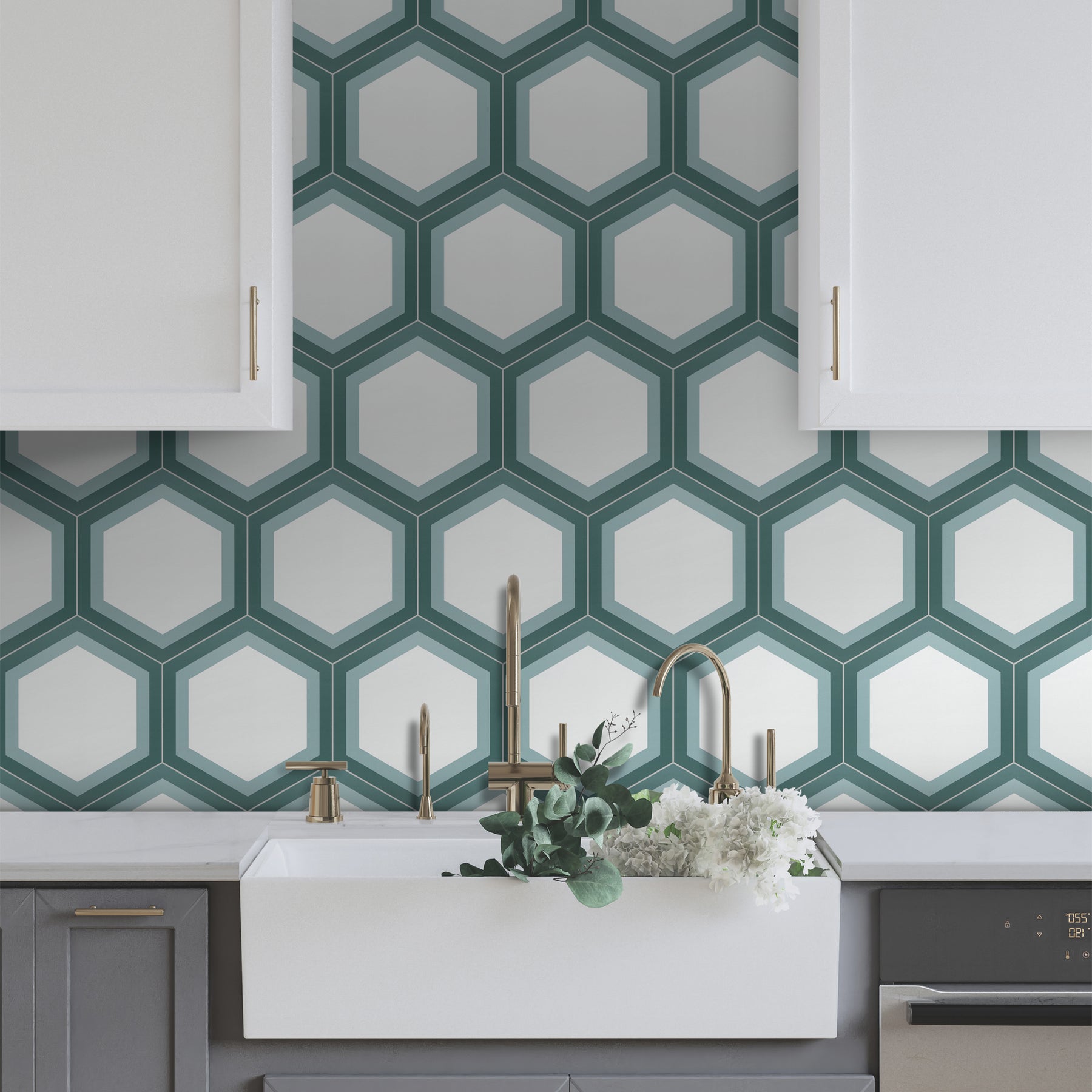 8" x 9" Hexagon Green Peel and Stick Floor Tile