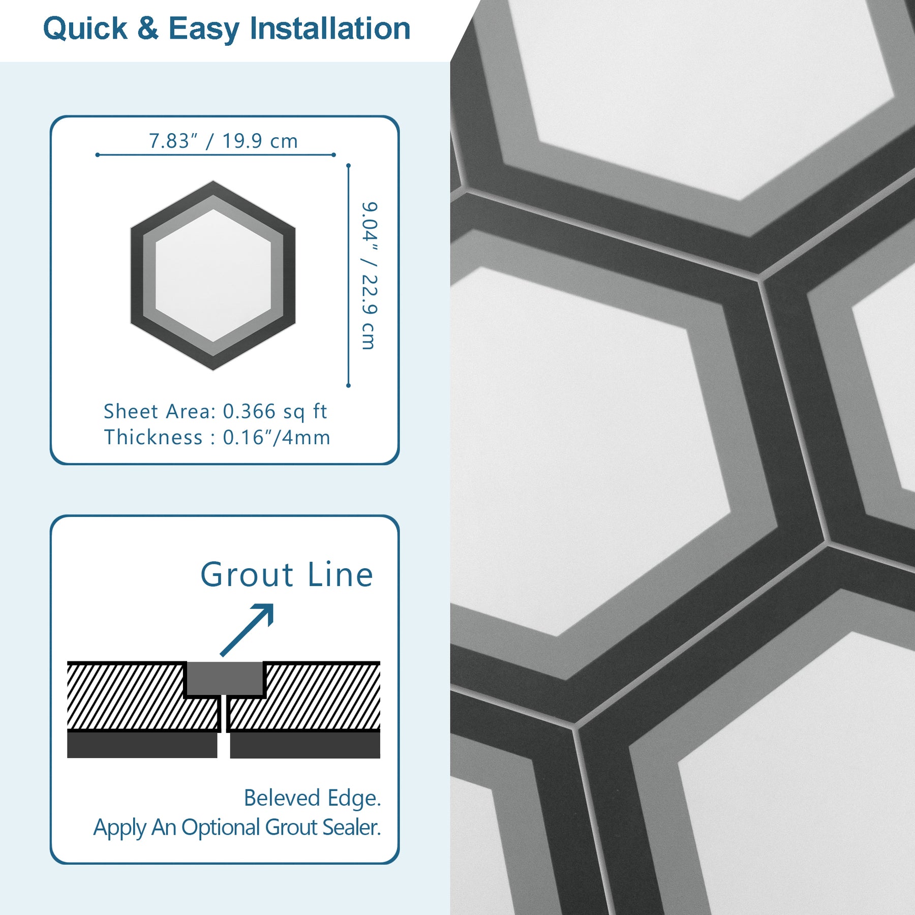 8" x 9" Hexagon Gray Peel and Stick Floor Tile