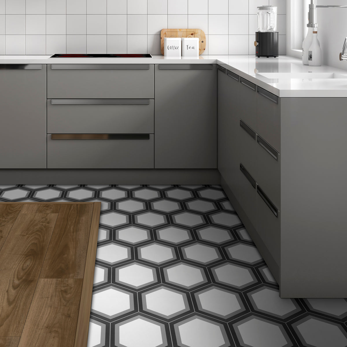 8" x 9" Hexagon Gray Peel and Stick Floor Tile