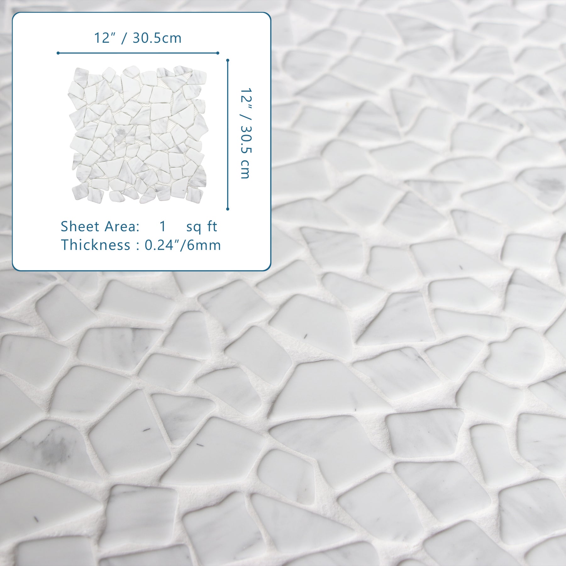 Pebble Carrara White 12''x12'' Recycled Glass Floor and Wall Mosaic Tile