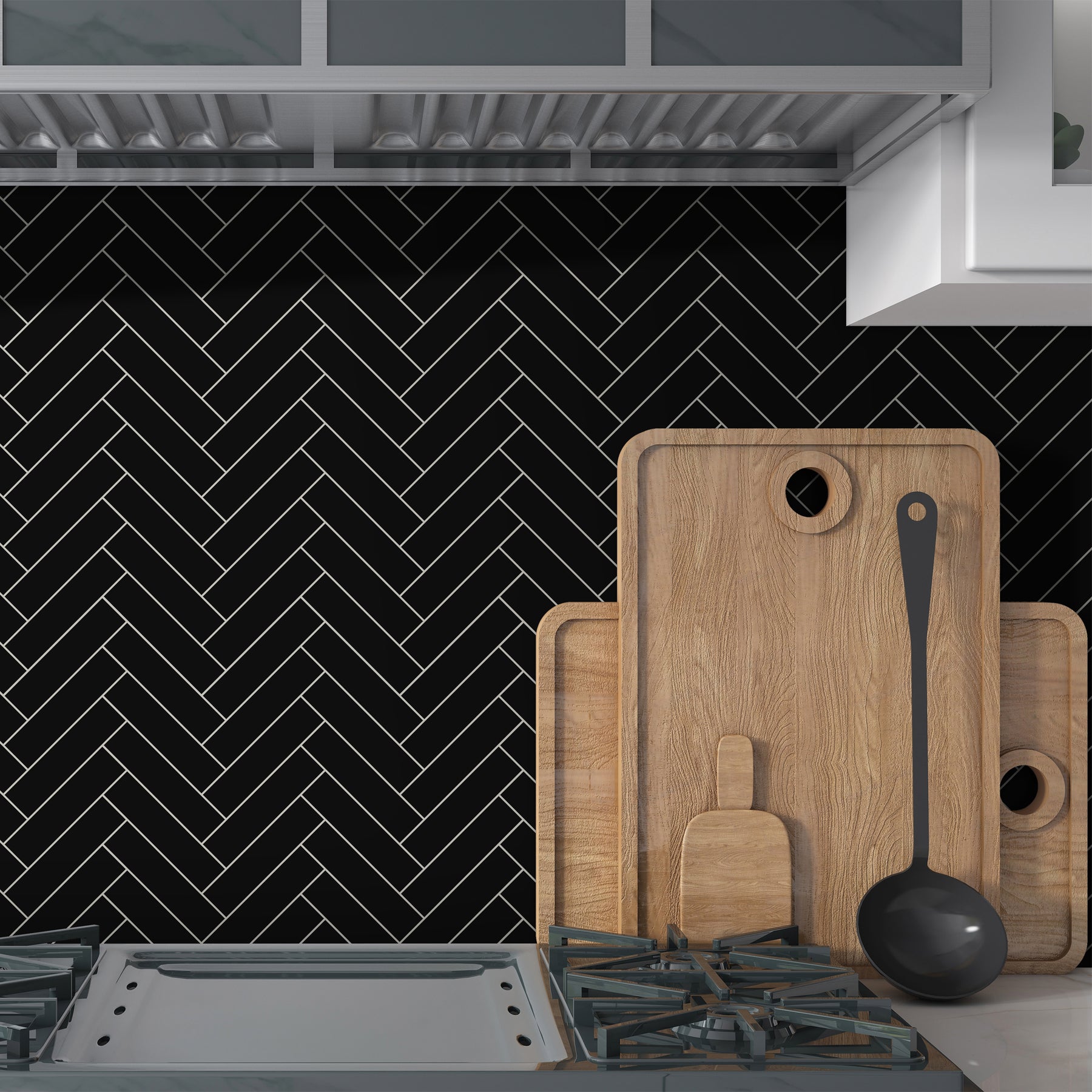 Herringbone Black Peel and Stick Backsplash Tile