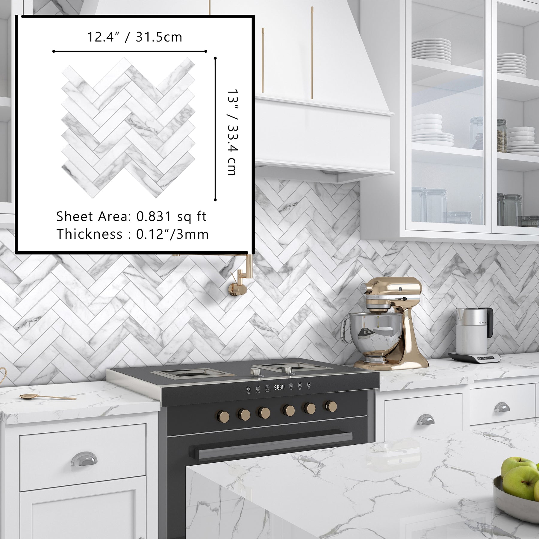 Herringbone Carrara White Peel and Stick Backsplash Tile