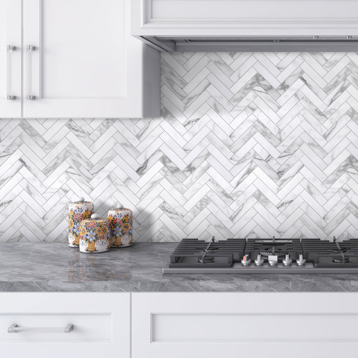 Herringbone Carrara White Peel and Stick Backsplash Tile