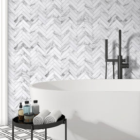 Herringbone Carrara White Peel and Stick Backsplash Tile