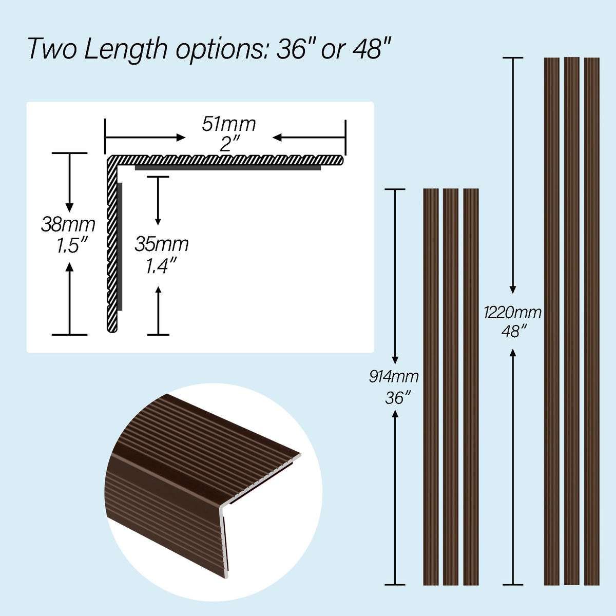 5 Pieces Matte Brown Aluminium Peel and Stick Stair Nosing