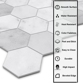 11.3" x 11.4" Hexagon White Marble Peel And Stick