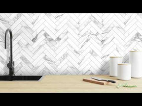 Herringbone Carrara White Peel and Stick Backsplash Tile