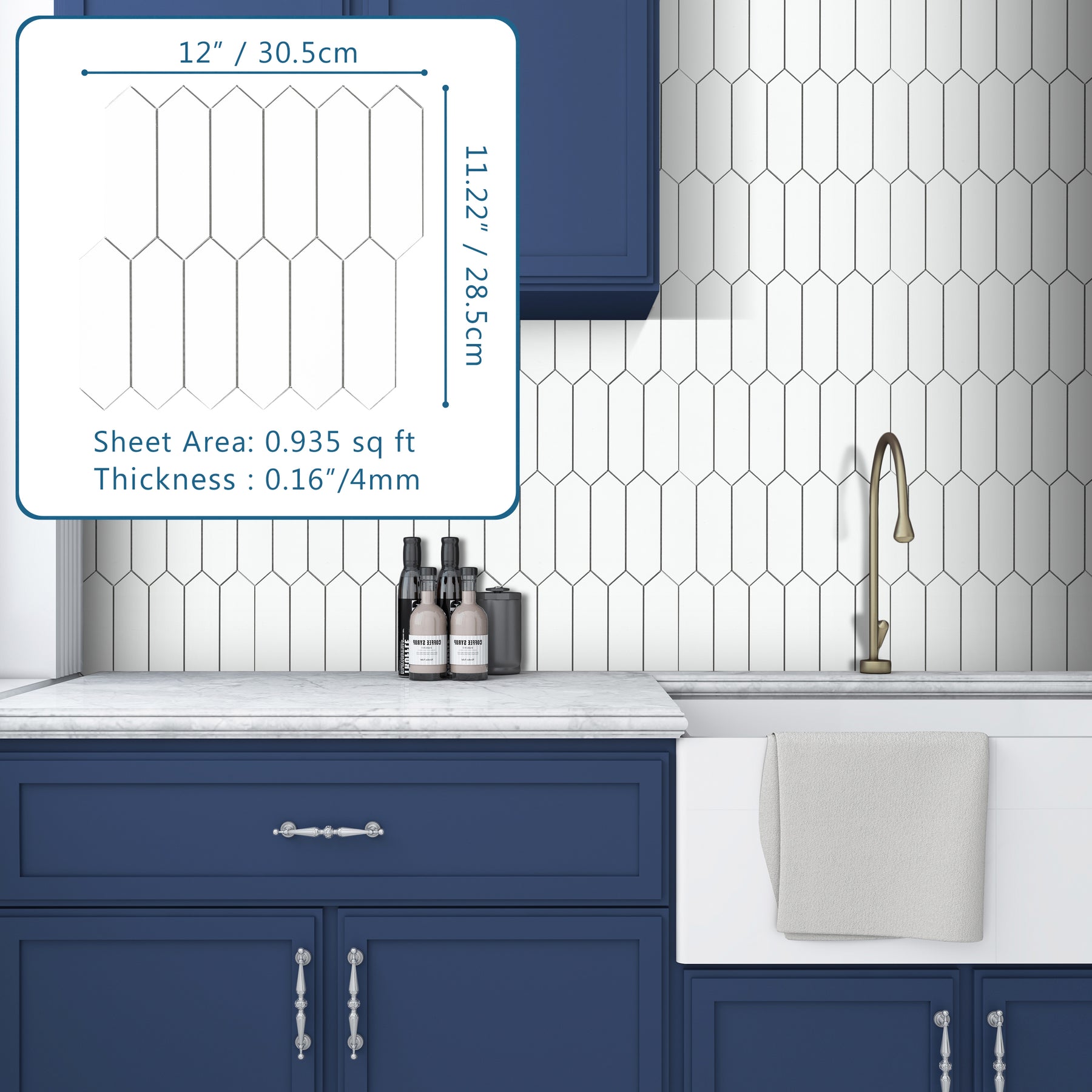 Picket Long Hexagon White Peel and Stick Tile