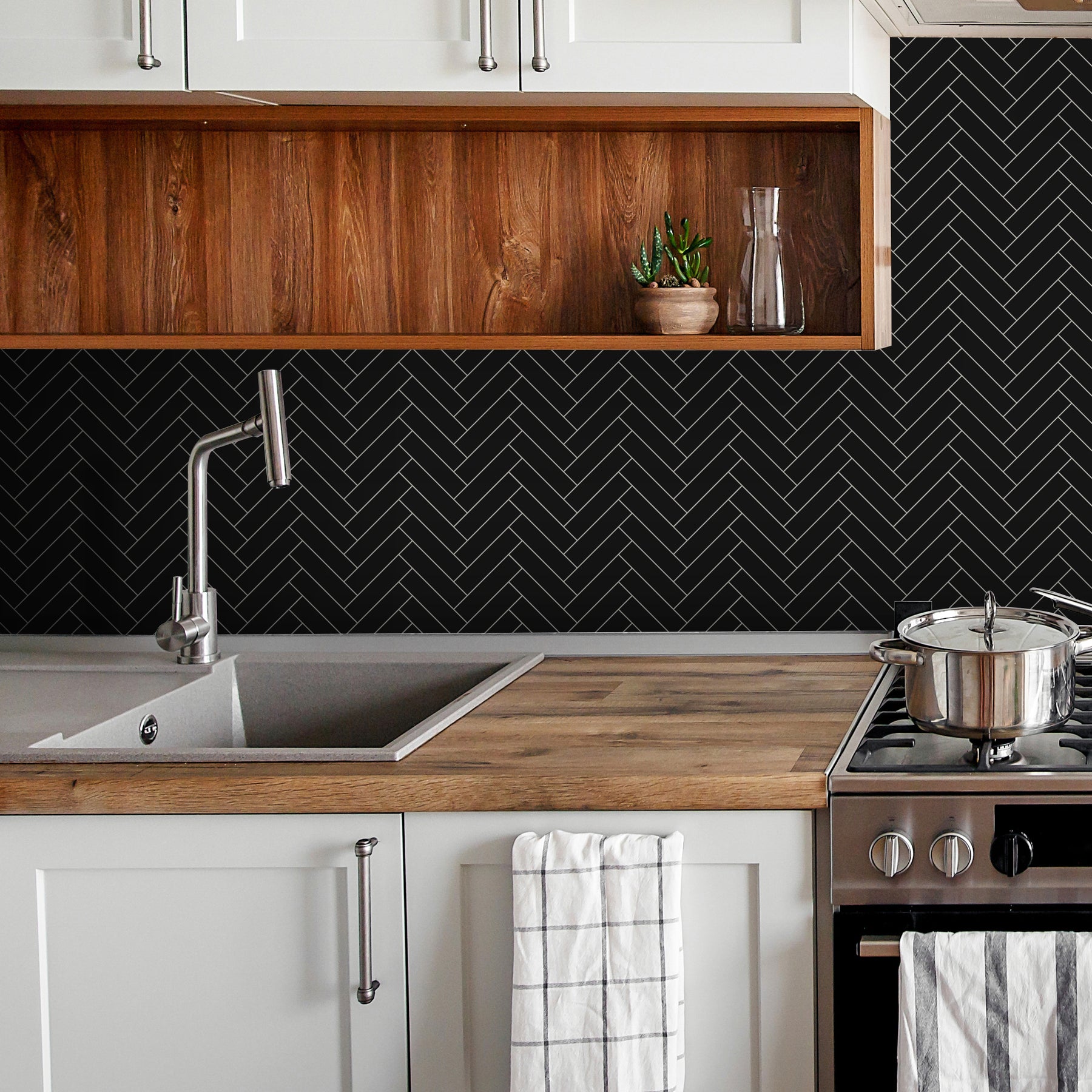 Herringbone Black Peel and Stick Backsplash Tile